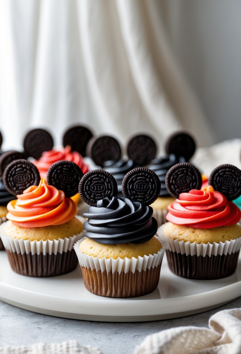 A platter of colorful cupcakes decorated with Oreo cookies as Mickey Mouse ears.