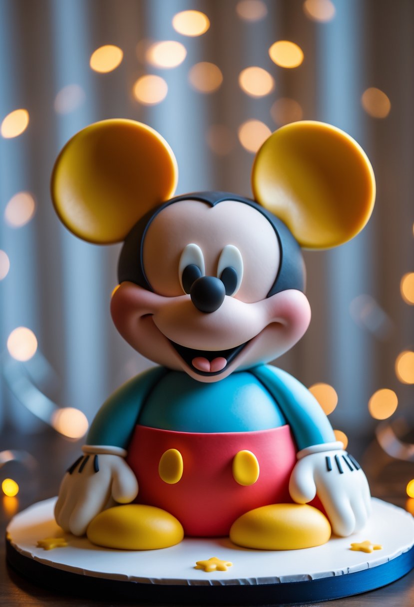 A colorful 3D Mickey Mouse figure cake on a white cake board with a blurred background.