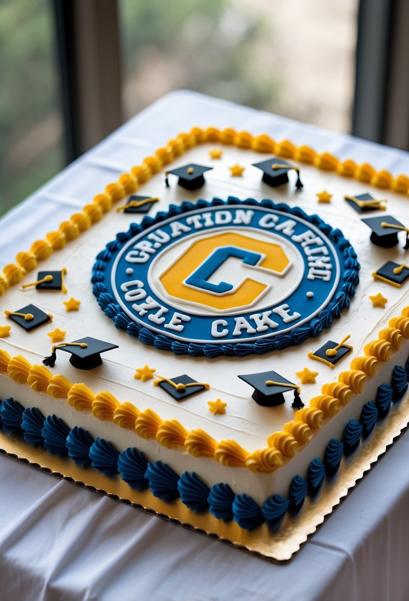 A rectangular sheet cake decorated with a college logo emblem and graduation-themed decorations on a white table.