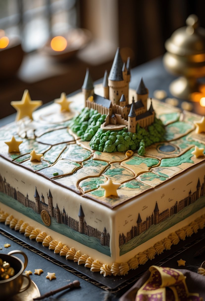 A close-up of a rectangular cake decorated with an edible print resembling the Marauder's Map from Harry Potter, surrounded by small magical-themed decorations.
