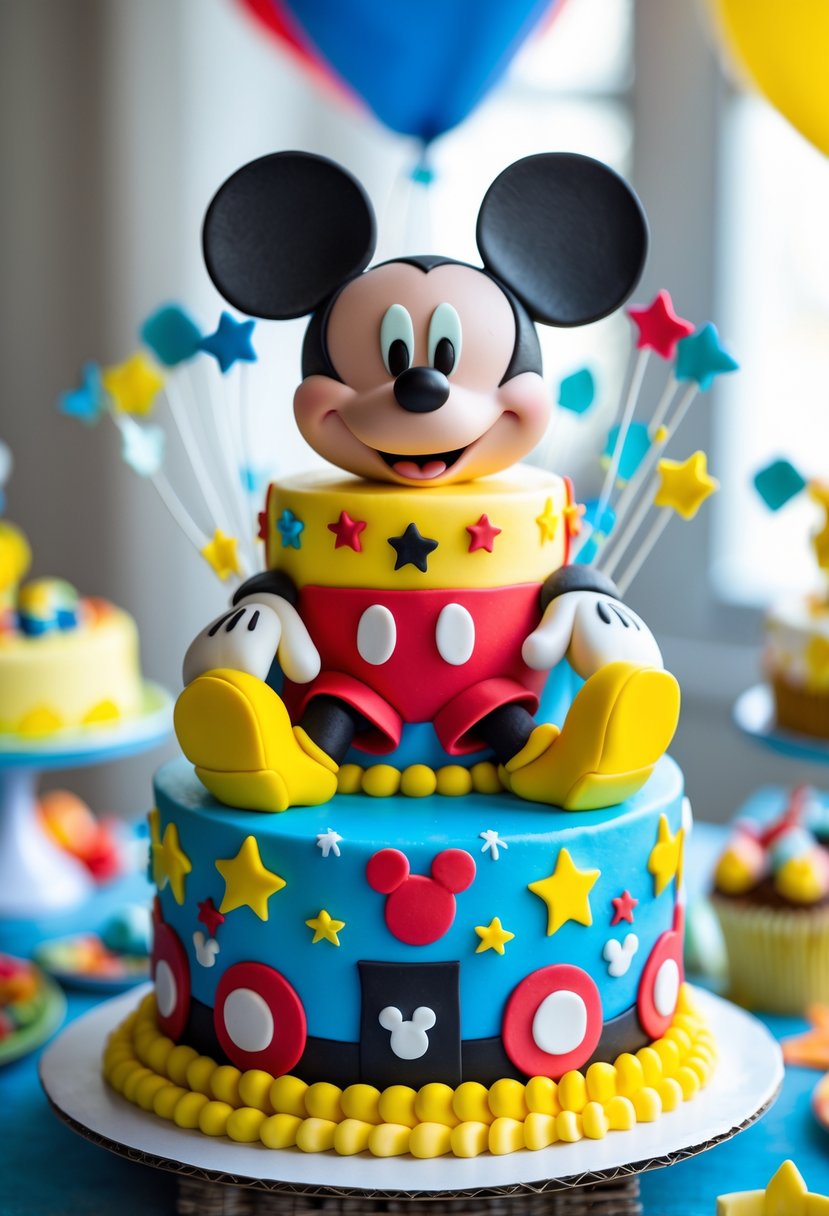 A colorful multi-tiered birthday cake decorated with Mickey Mouse-themed details and cartoon-style decorations.