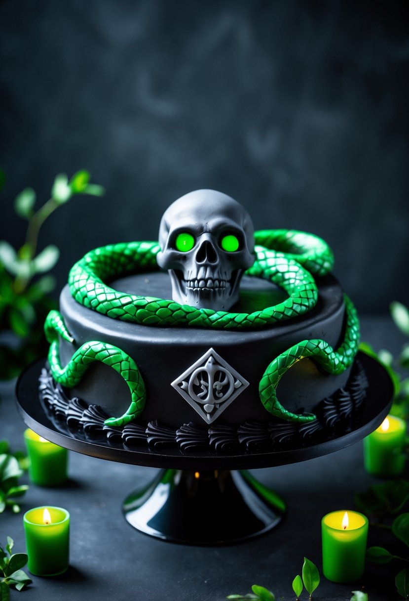 A dark-themed cake featuring a black fondant surface with a green serpent and skull design, displayed on a black stand with green lighting in the background.
