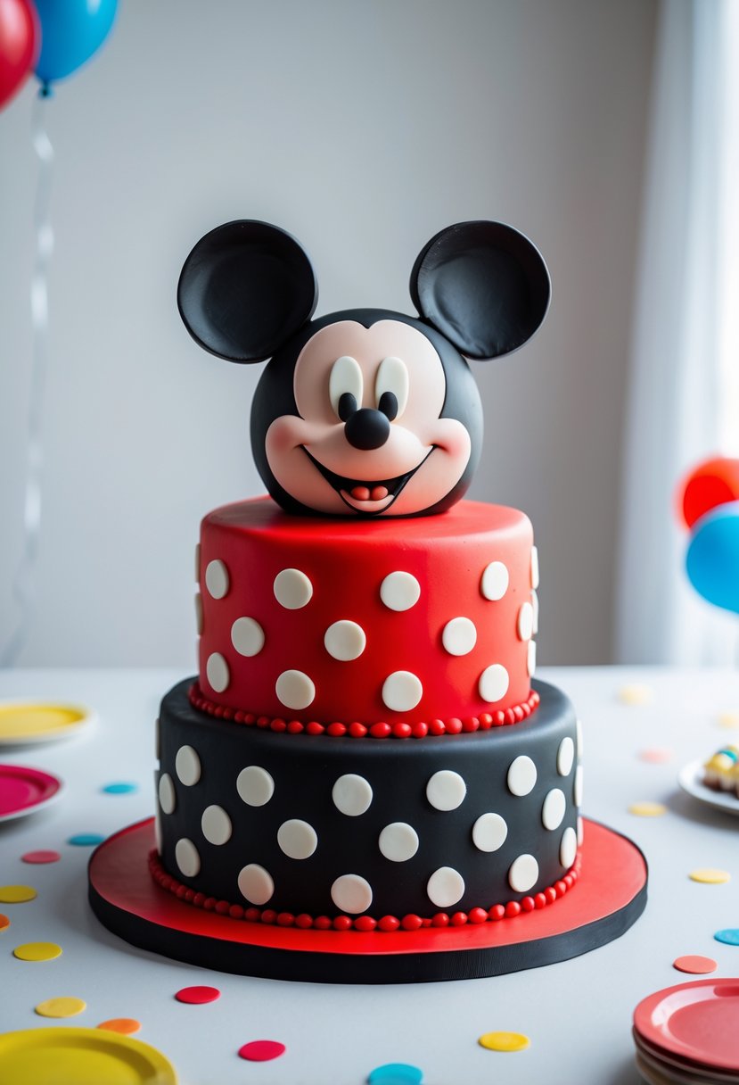 A two-tier Mickey Mouse cake decorated with red and black colors and white polka dots, topped with Mickey Mouse ears.