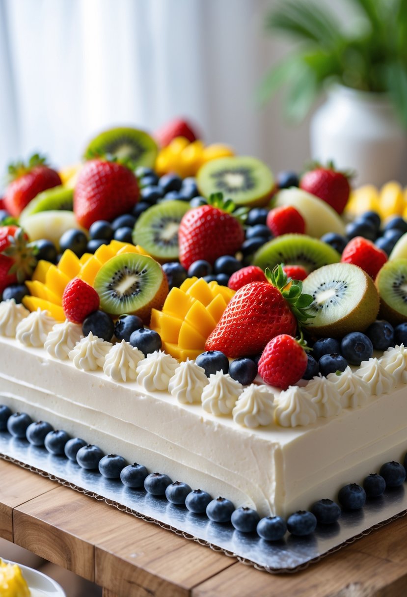 A rectangular sheet cake topped with various fresh fruits including strawberries, blueberries, raspberries, kiwi, and mango slices on a wooden table.