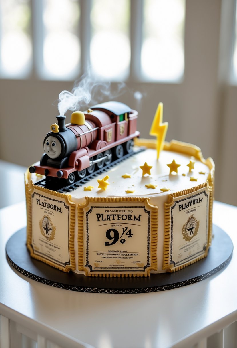 A detailed cake designed to look like a magical ticket from Platform 9¾ with Hogwarts-themed decorations on a white surface.