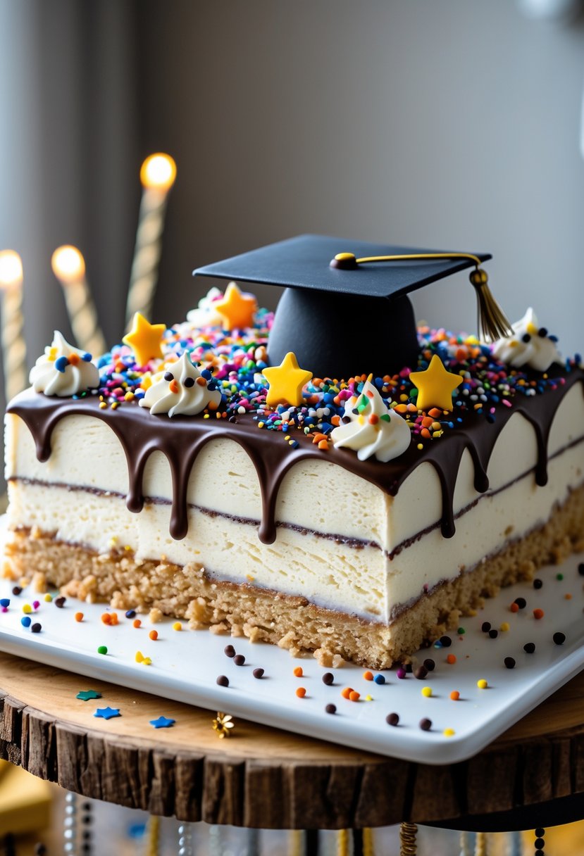 A decorated ice cream sheet cake with a no-bake base on a white platter, surrounded by graduation-themed decorations.