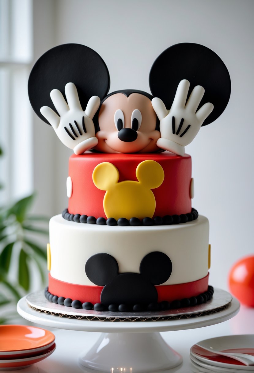 A colorful Mickey Mouse themed cake with fondant ears and gloves on top, displayed on a plain surface.