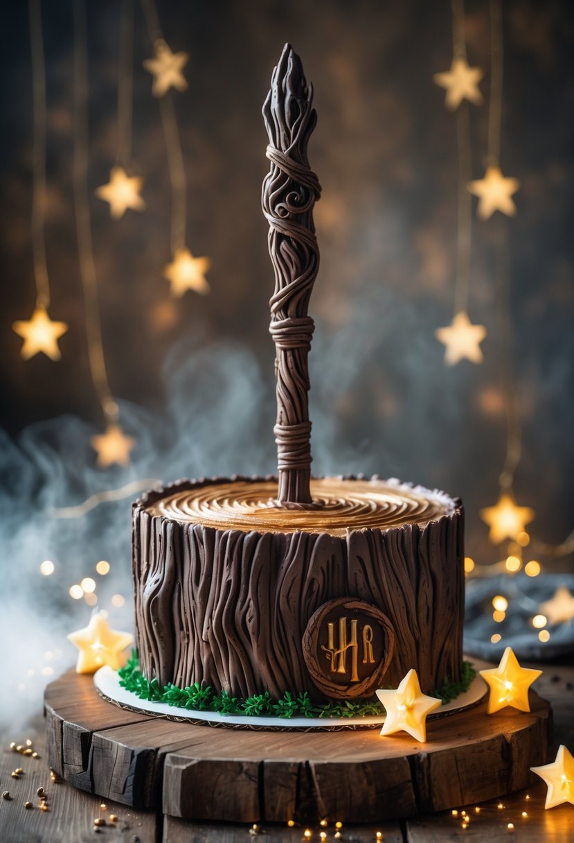 A detailed cake shaped like a wand resting on a wooden board with soft glowing lights and golden stars around it.