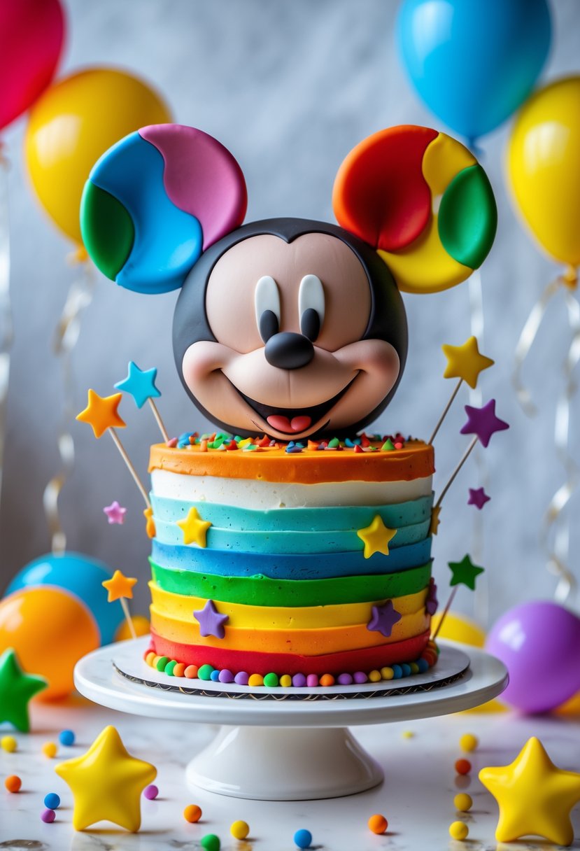 A colorful Mickey Mouse themed cake with a rainbow design and festive decorations on a white table.