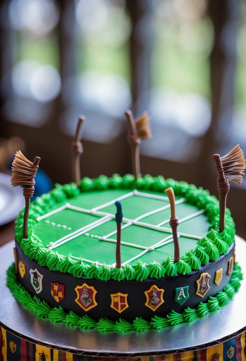 A detailed cake top designed to look like a Quidditch pitch with goal hoops and miniature broomsticks.