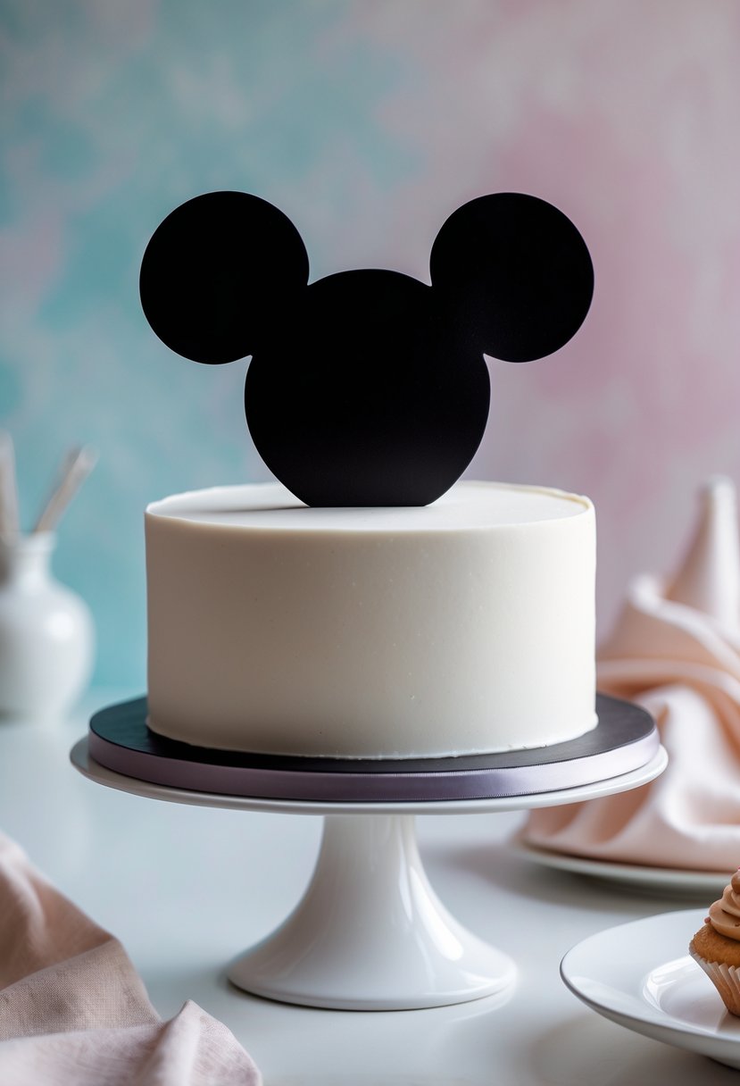 A round white cake with a black Mickey Mouse head silhouette on top, displayed on a white cake stand.