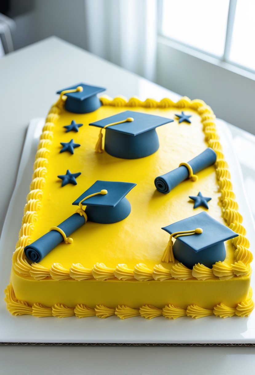 A decorated graduation sheet cake with bright yellow frosting and 3D figures shaped like graduation caps and diplomas.