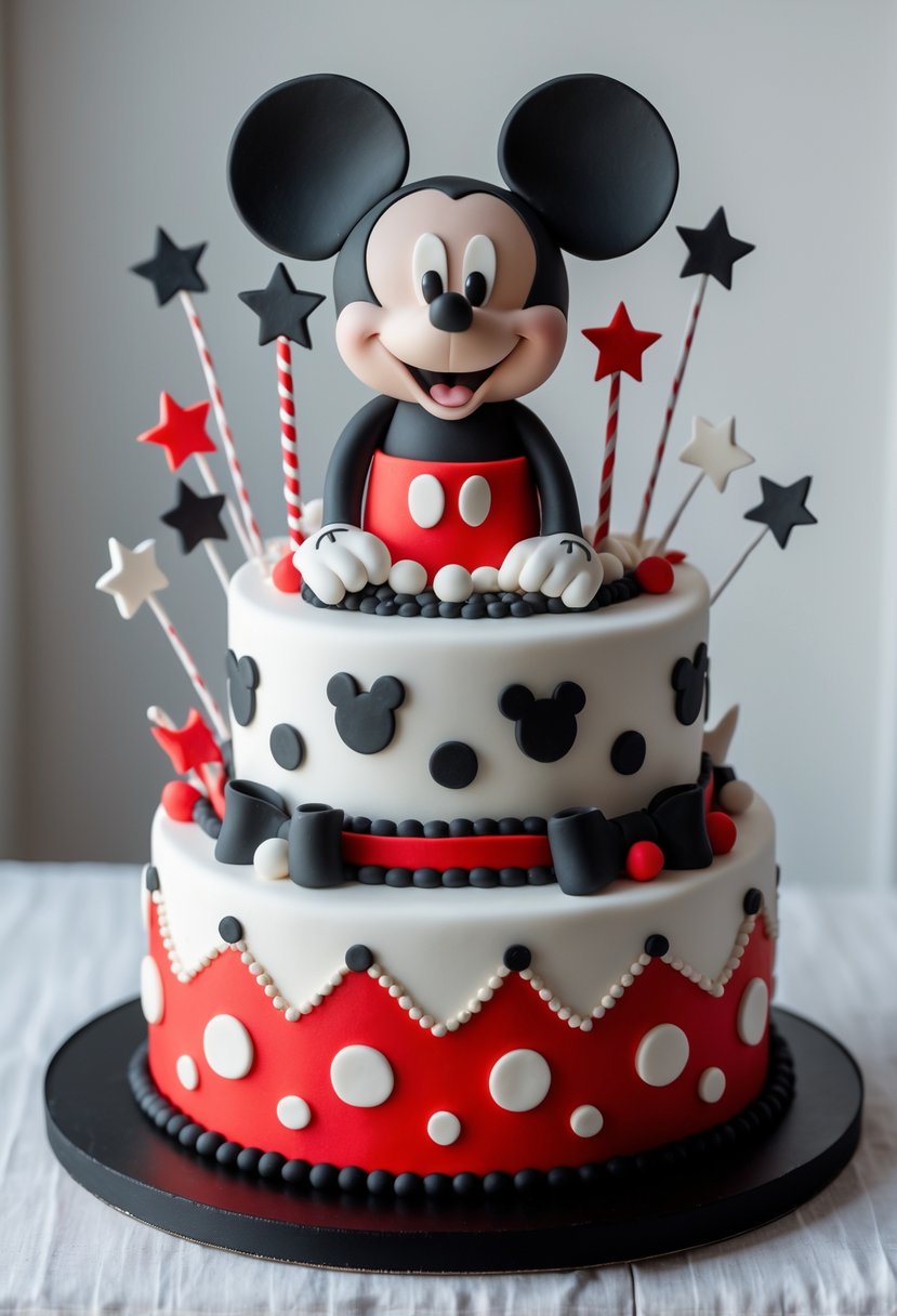 A colorful Mickey Mouse themed cake with red, black, and white decorations on a white background.