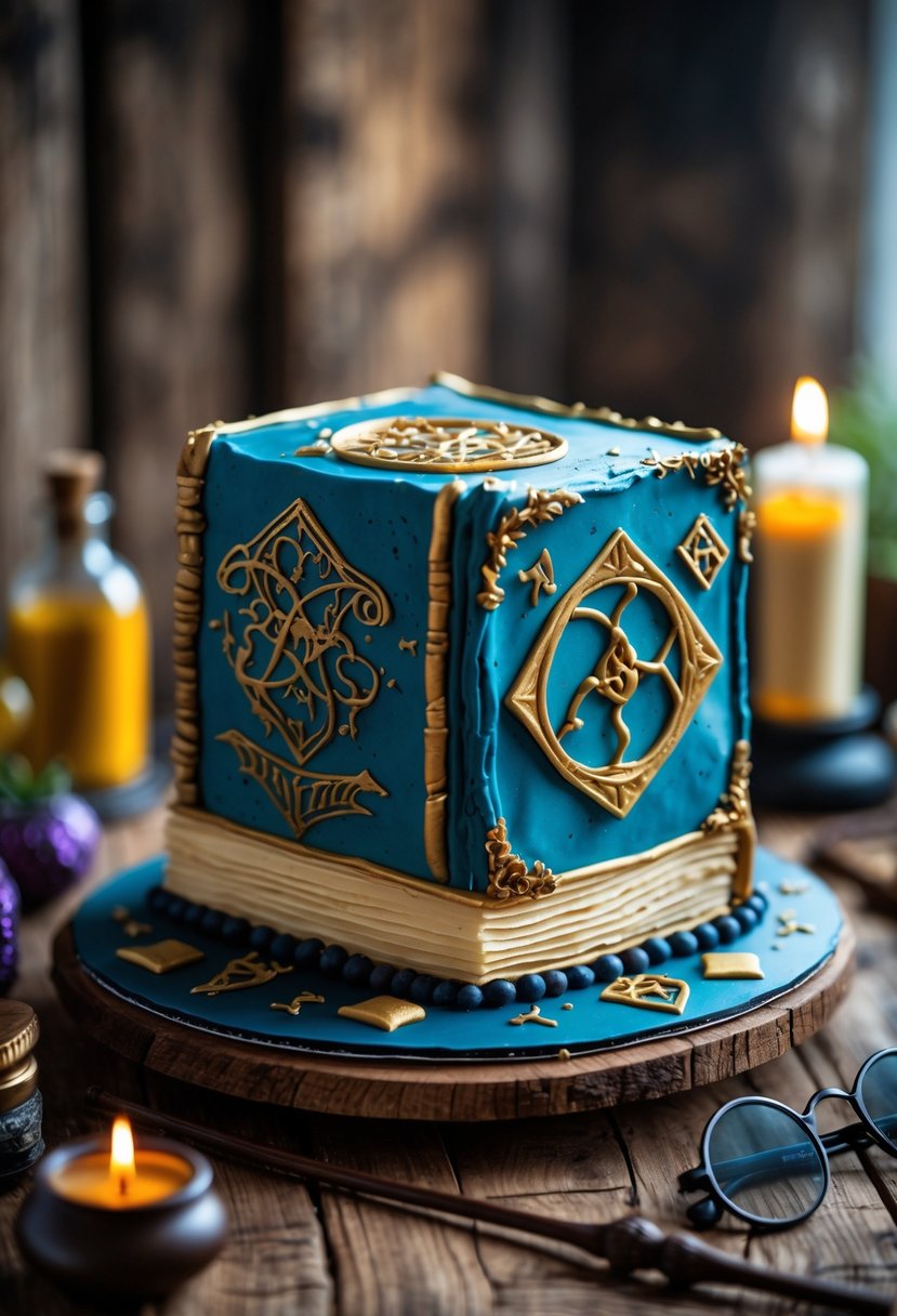 A detailed cake designed to look like a magical spellbook with gold accents, surrounded by wizardry props on a wooden table.