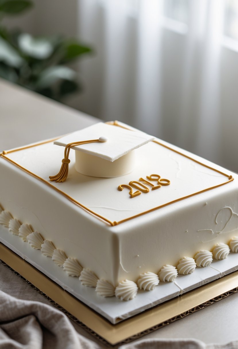 A rectangular white sheet cake with a simple outline of a graduation cap and the year on top, placed on a neutral surface.