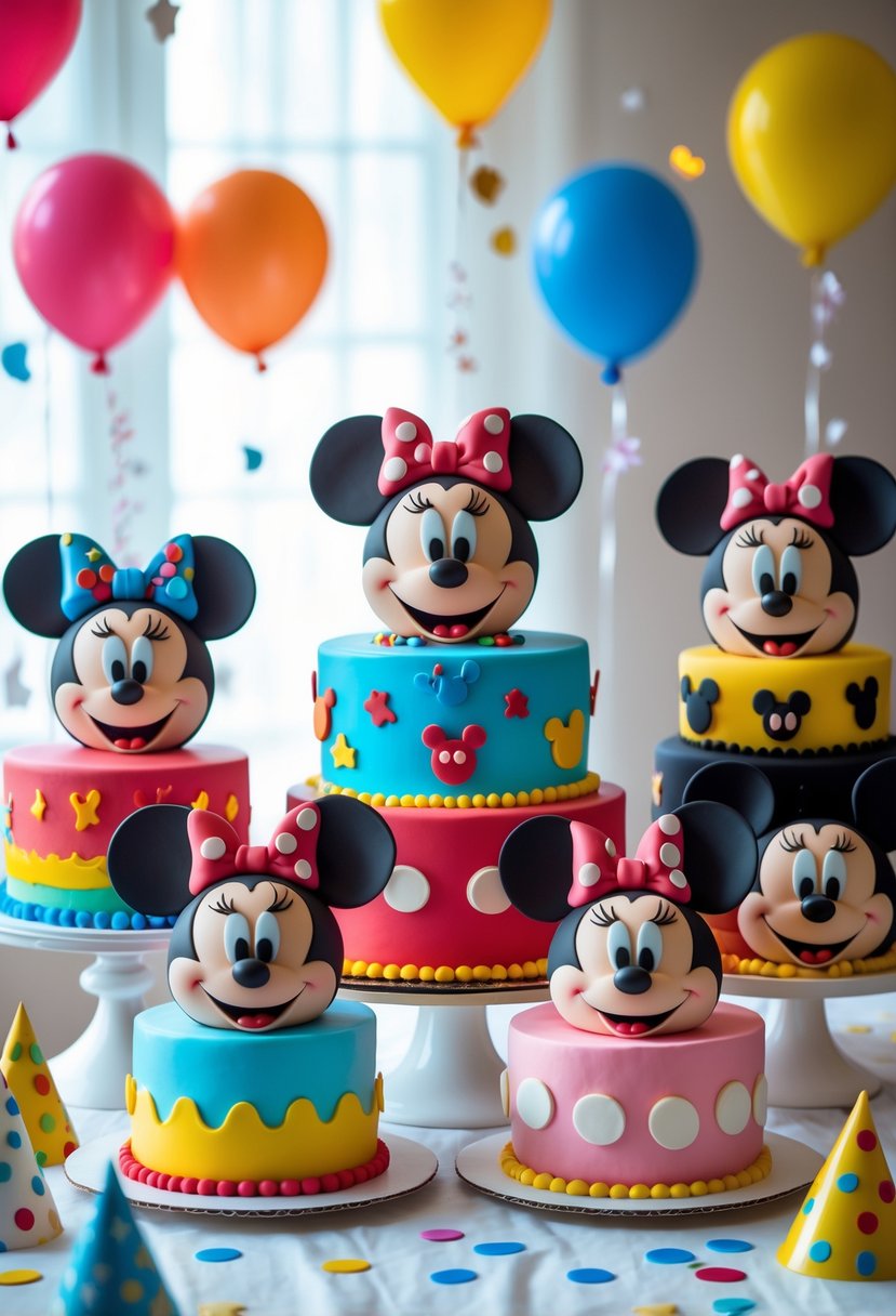A display of colorful cakes decorated with Mickey Mouse character faces on a table with birthday decorations.