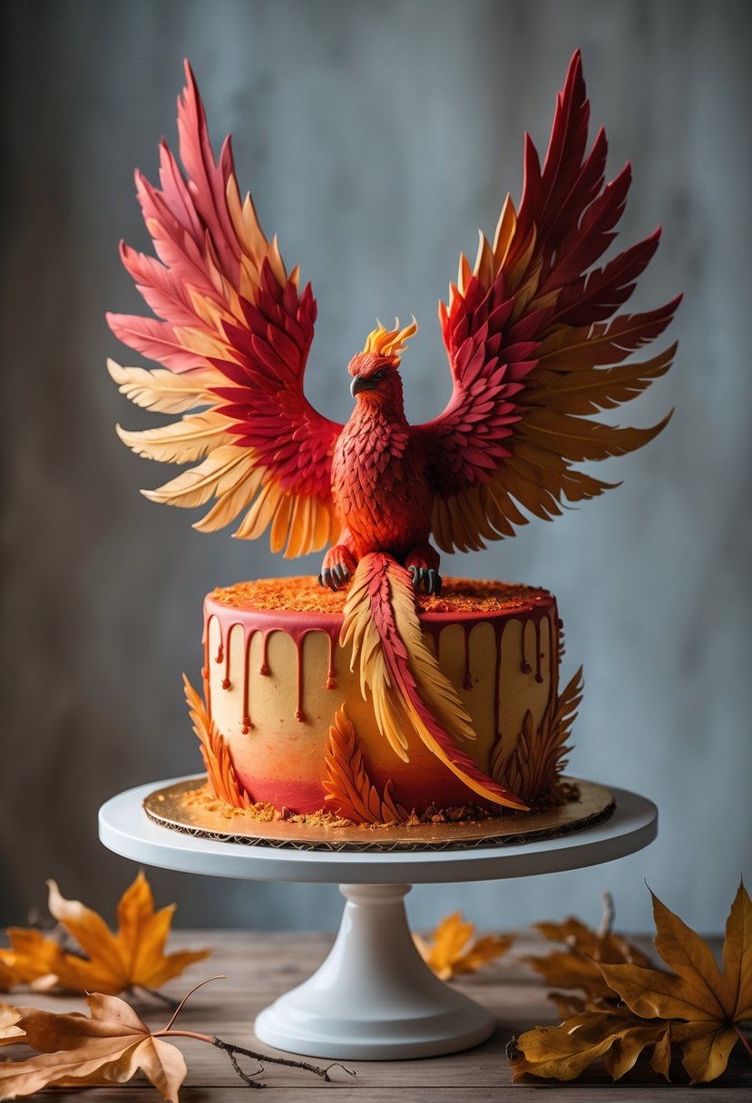 A detailed cake shaped like a colorful phoenix with fiery feathers displayed on a white cake stand.