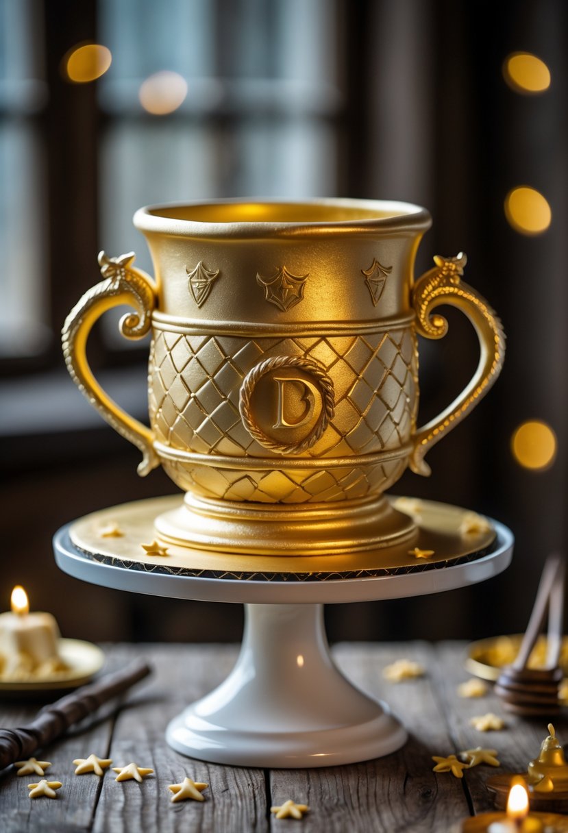 A detailed cake shaped like the Triwizard Cup trophy on a white stand with Harry Potter-themed decorations around it.
