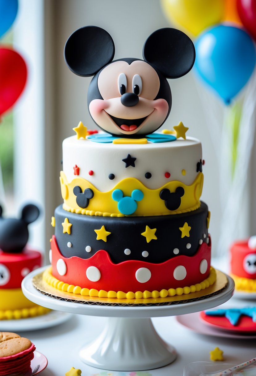 A colorful Mickey Mouse themed cake with edible images and decorations on a white stand, surrounded by balloons.