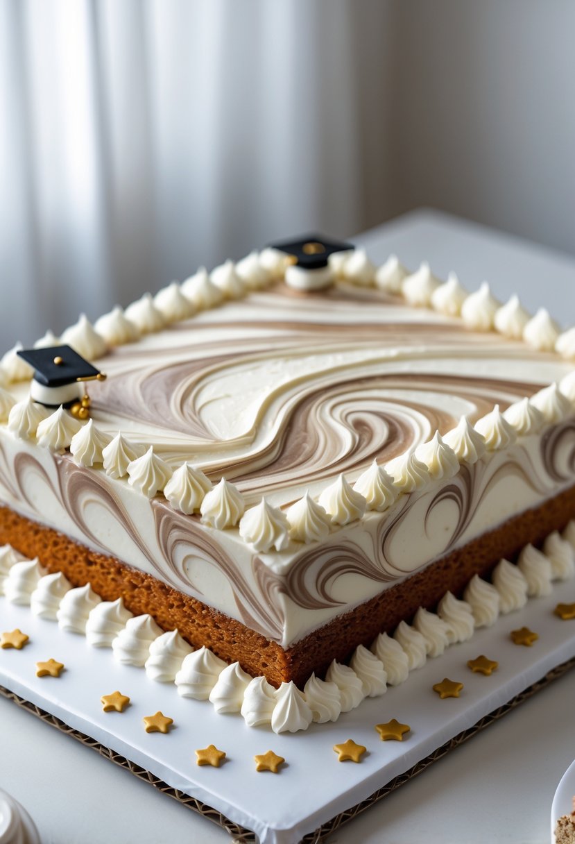 A rectangular marble swirl graduation sheet cake with white and brown frosting, decorated with small edible stars and miniature graduation caps.