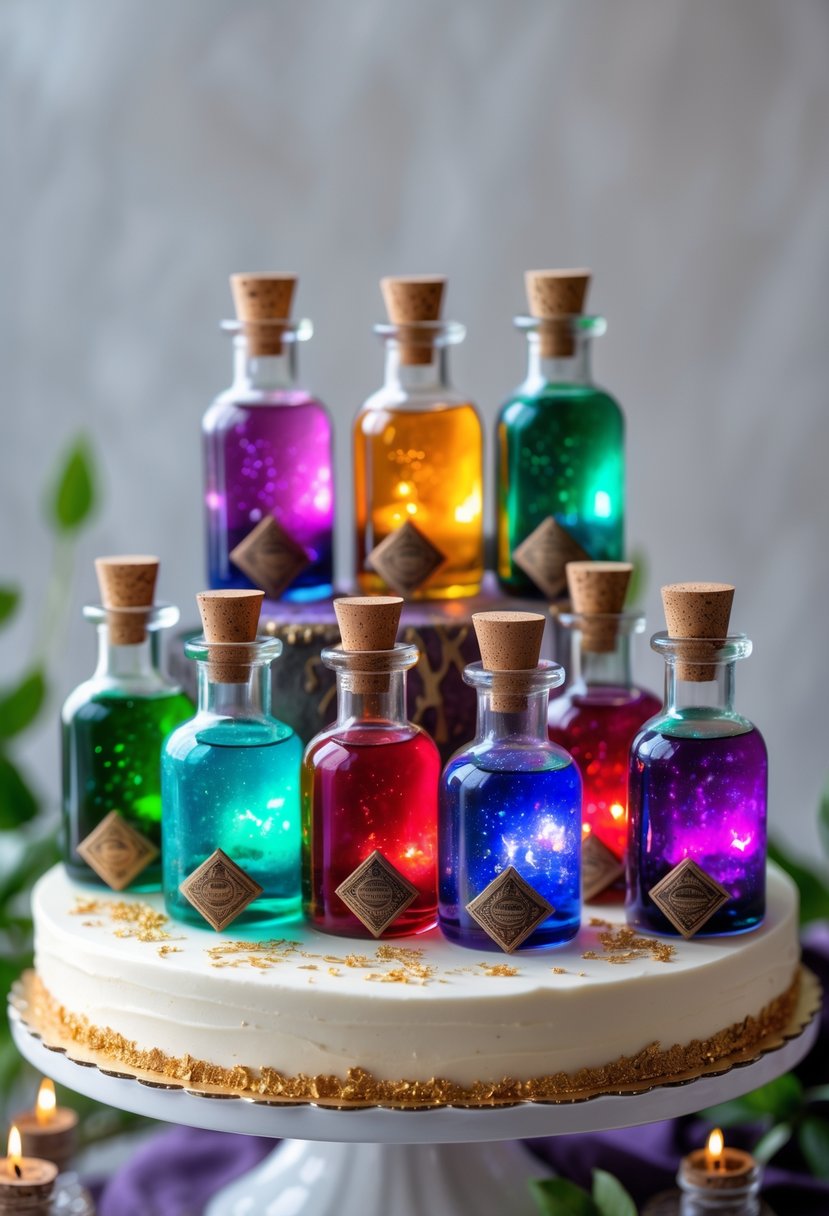 An assortment of colorful potion bottle cake toppers arranged on a cake surface.
