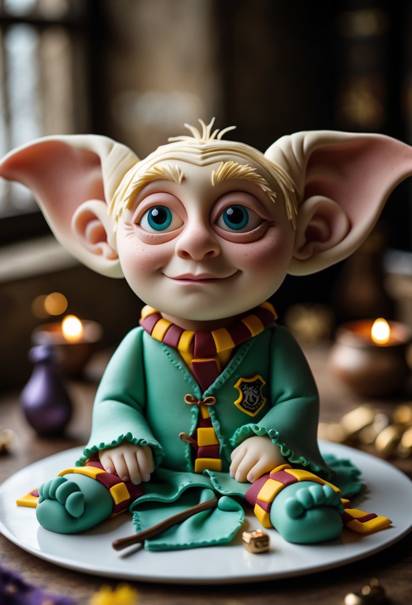 A detailed cake shaped like Dobby the House Elf from Harry Potter, displayed on a plate with small magical-themed decorations around it.