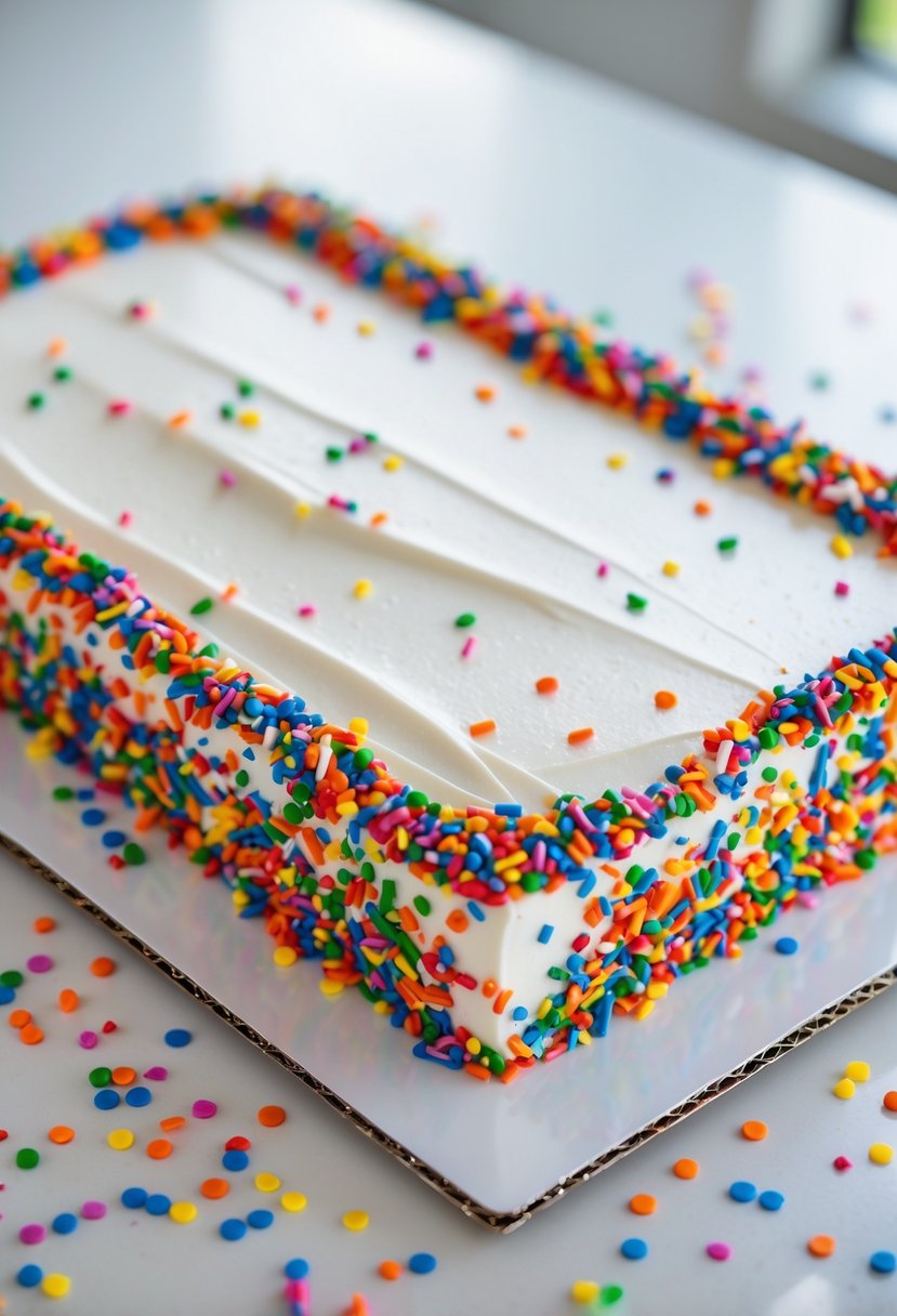 A rectangular sheet cake with white frosting and a colorful confetti sprinkle border on a white surface.