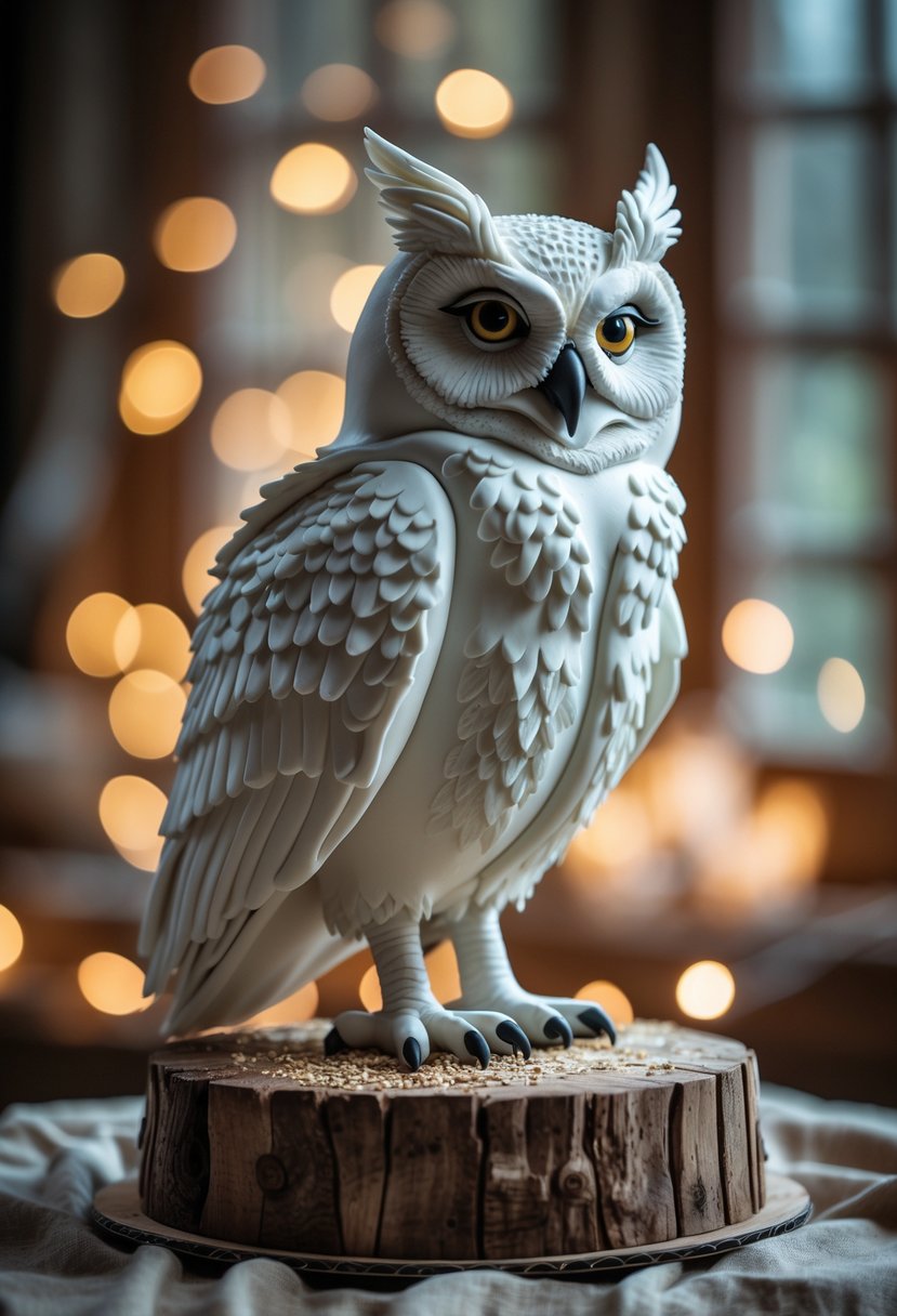 A detailed cake shaped like a white owl with yellow eyes, sitting on a wooden stand in a softly lit indoor setting.