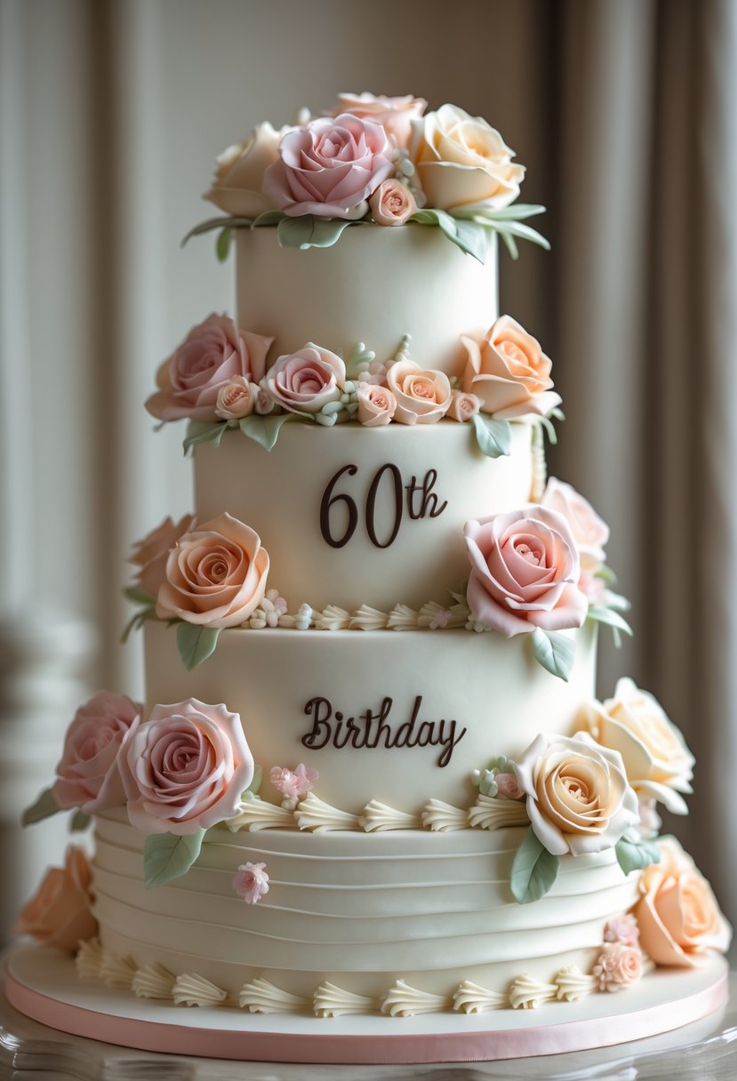 A multi-tiered cake decorated with pastel-colored roses on a smooth white surface.