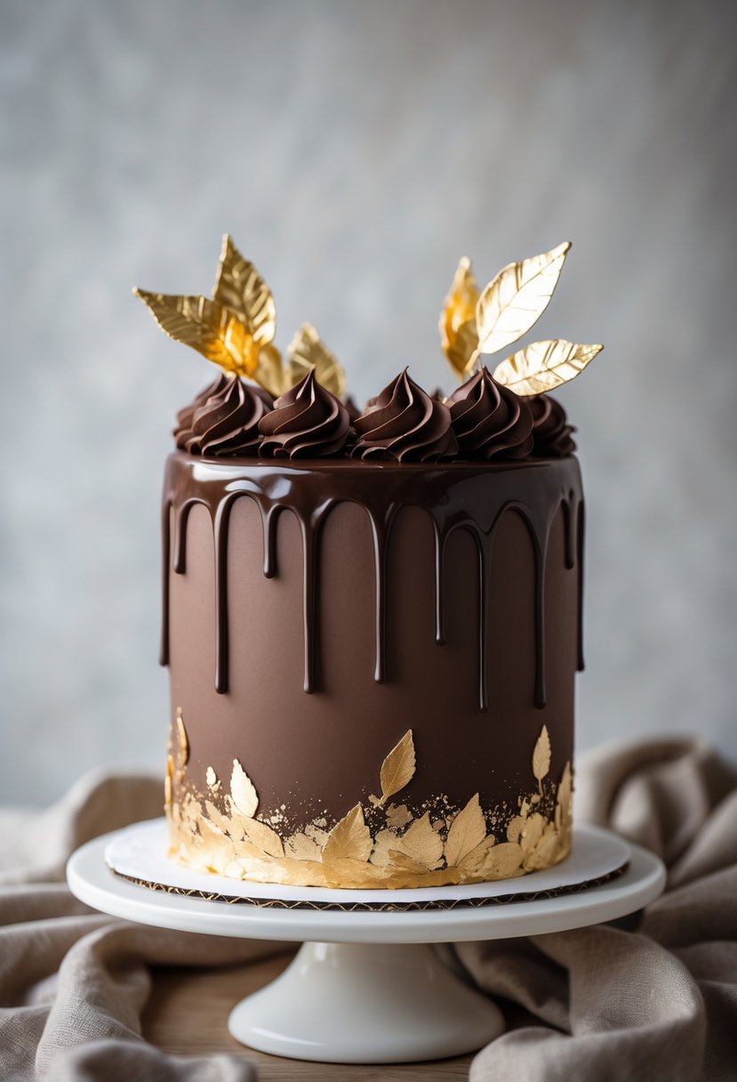 A chocolate ganache cake with gold leaf accents displayed on a white cake stand.
