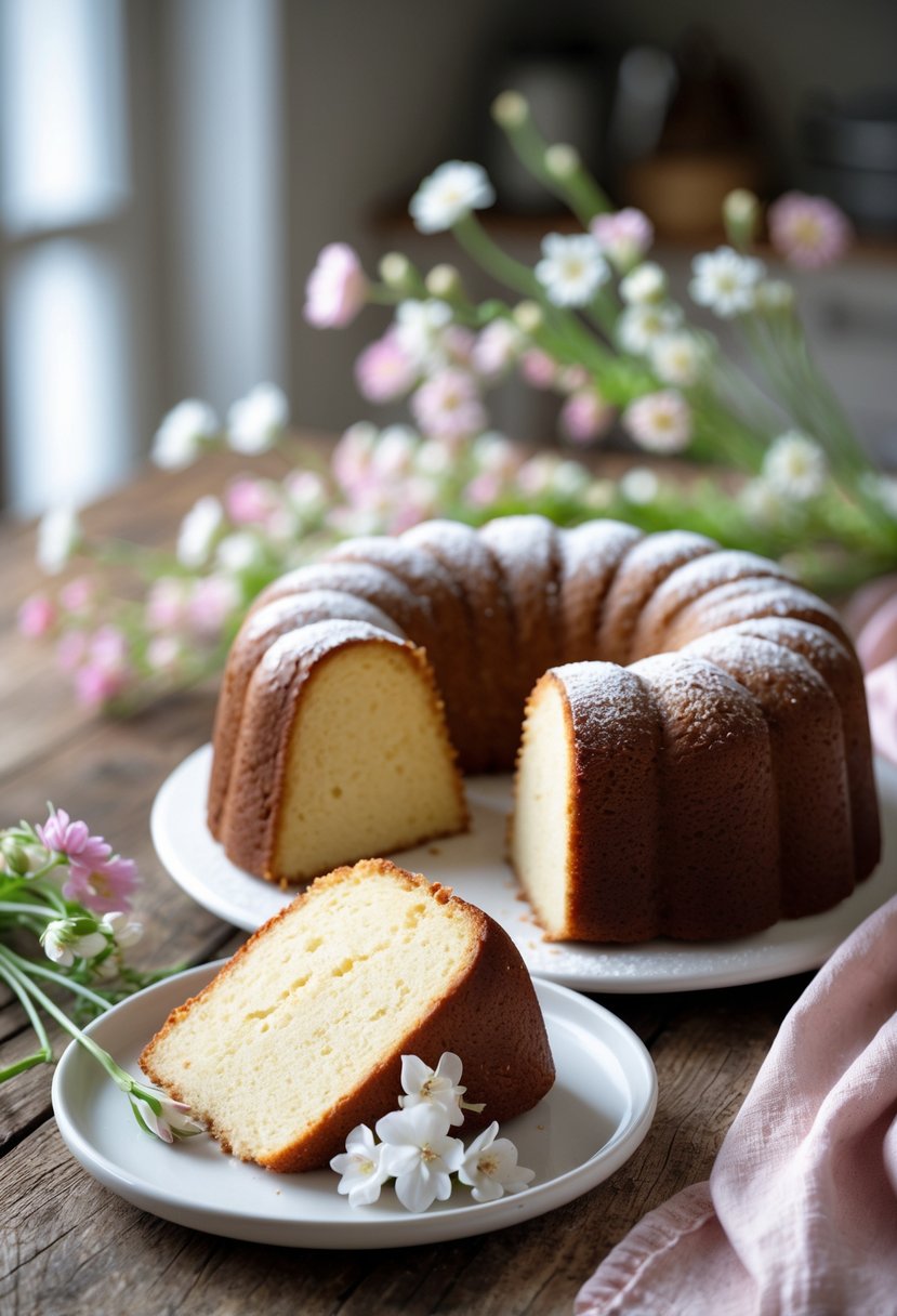 A sliced classic vanilla pound cake on a plate with spring flowers and a linen napkin on a wooden table.