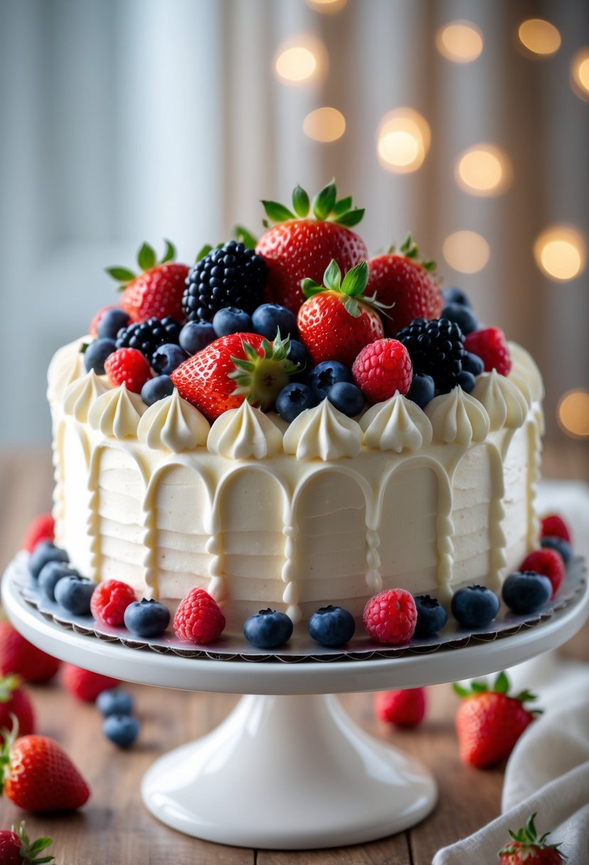 A fresh cream cake topped with a variety of fresh berries on a white cake stand.