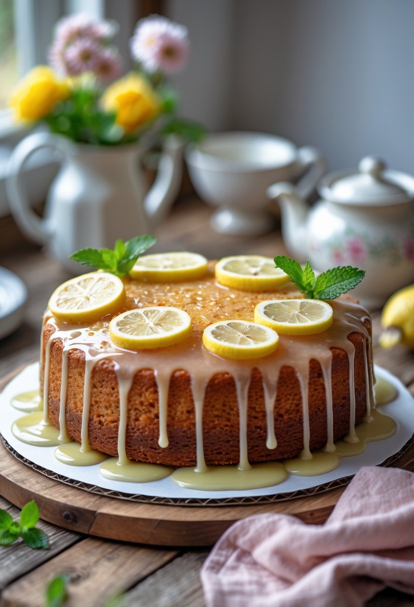 A lemon drizzle cake with lemon slices and mint on a wooden table in a cozy kitchen setting.