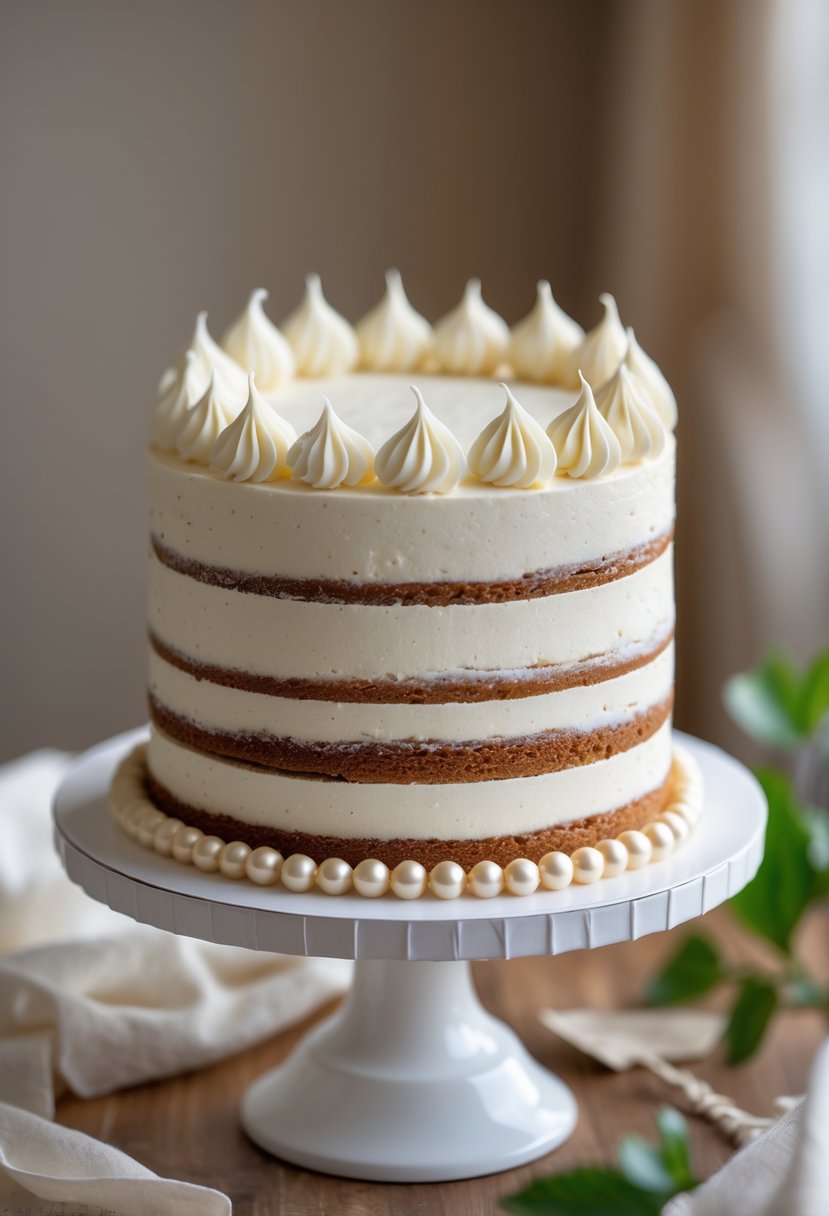 A classic vanilla bean layered cake decorated with edible pearls on a white cake stand.