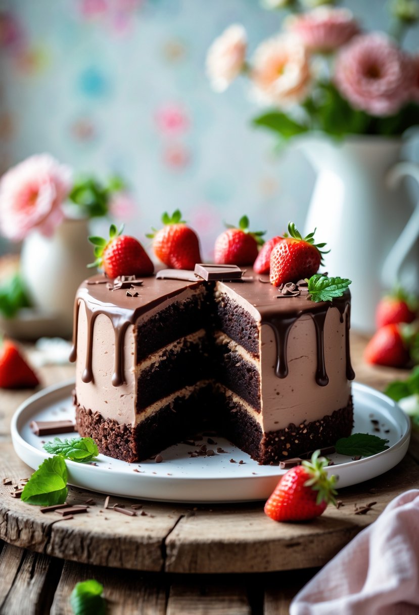 A sliced chocolate fudge cake on a wooden table, decorated with strawberries and mint leaves.