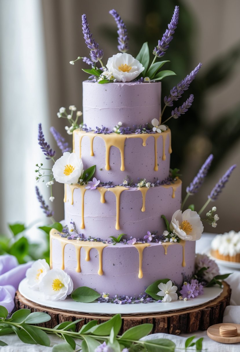 A multi-tiered lavender and honey flavored cake decorated with fresh flowers on a table.