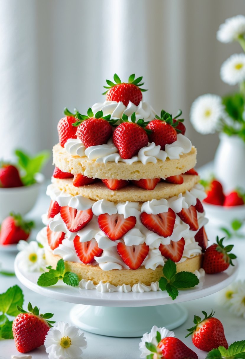 A strawberry shortcake with layers of sponge, whipped cream, and fresh strawberries on a table with decorative mint leaves and flowers.