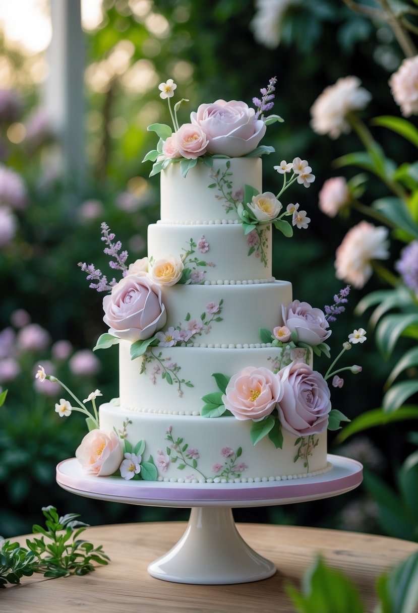 A multi-tiered white birthday cake decorated with hand-painted pastel flowers, displayed outdoors on a wooden table surrounded by garden plants.