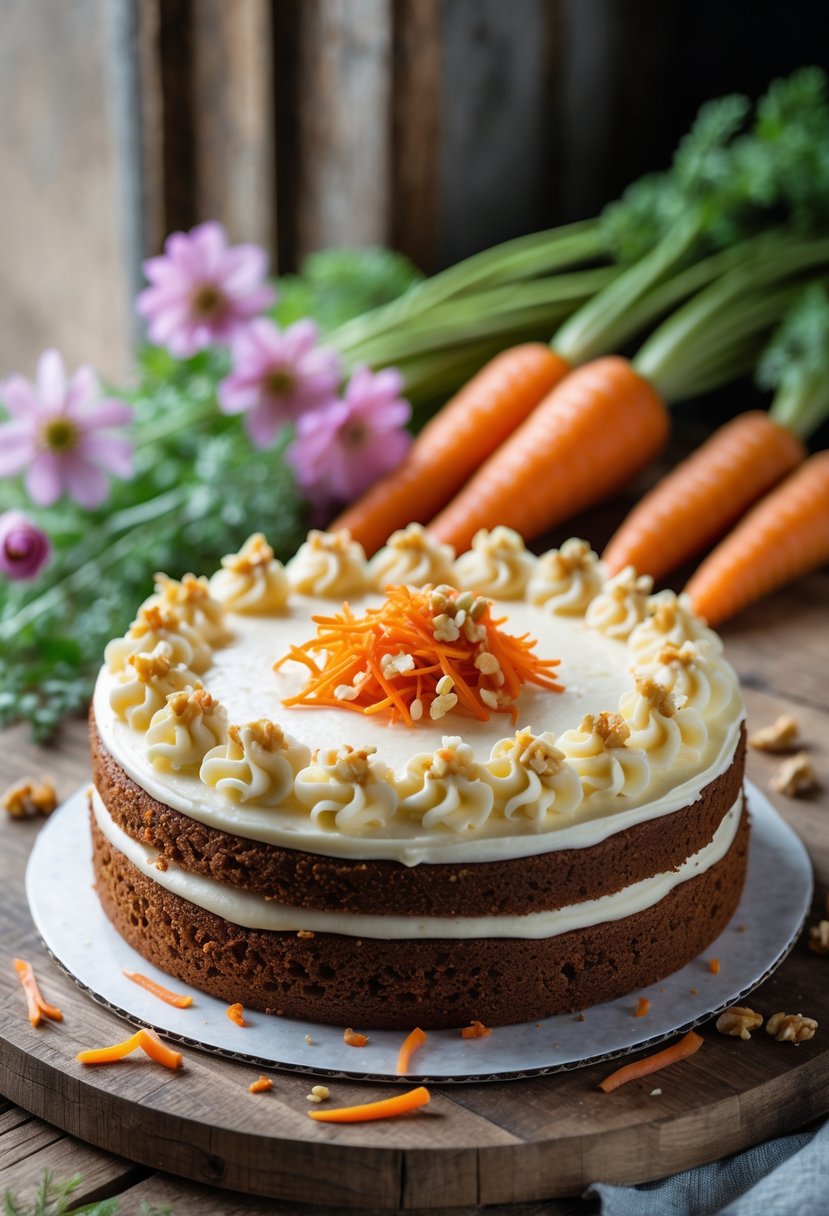 A simple carrot cake with cream cheese frosting and walnut garnish on a wooden table surrounded by fresh carrots and spring flowers.