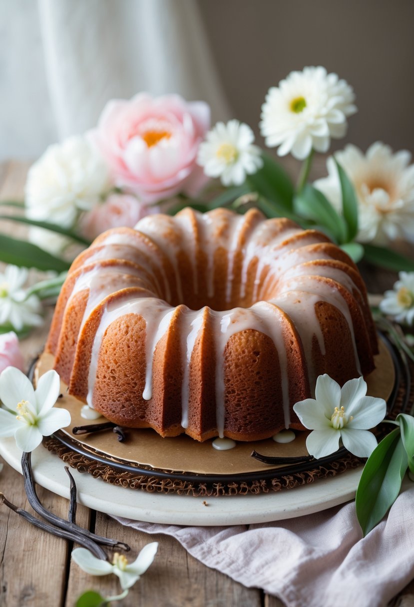 A vanilla bean bundt cake with glaze on a wooden table surrounded by flowers and vanilla beans.