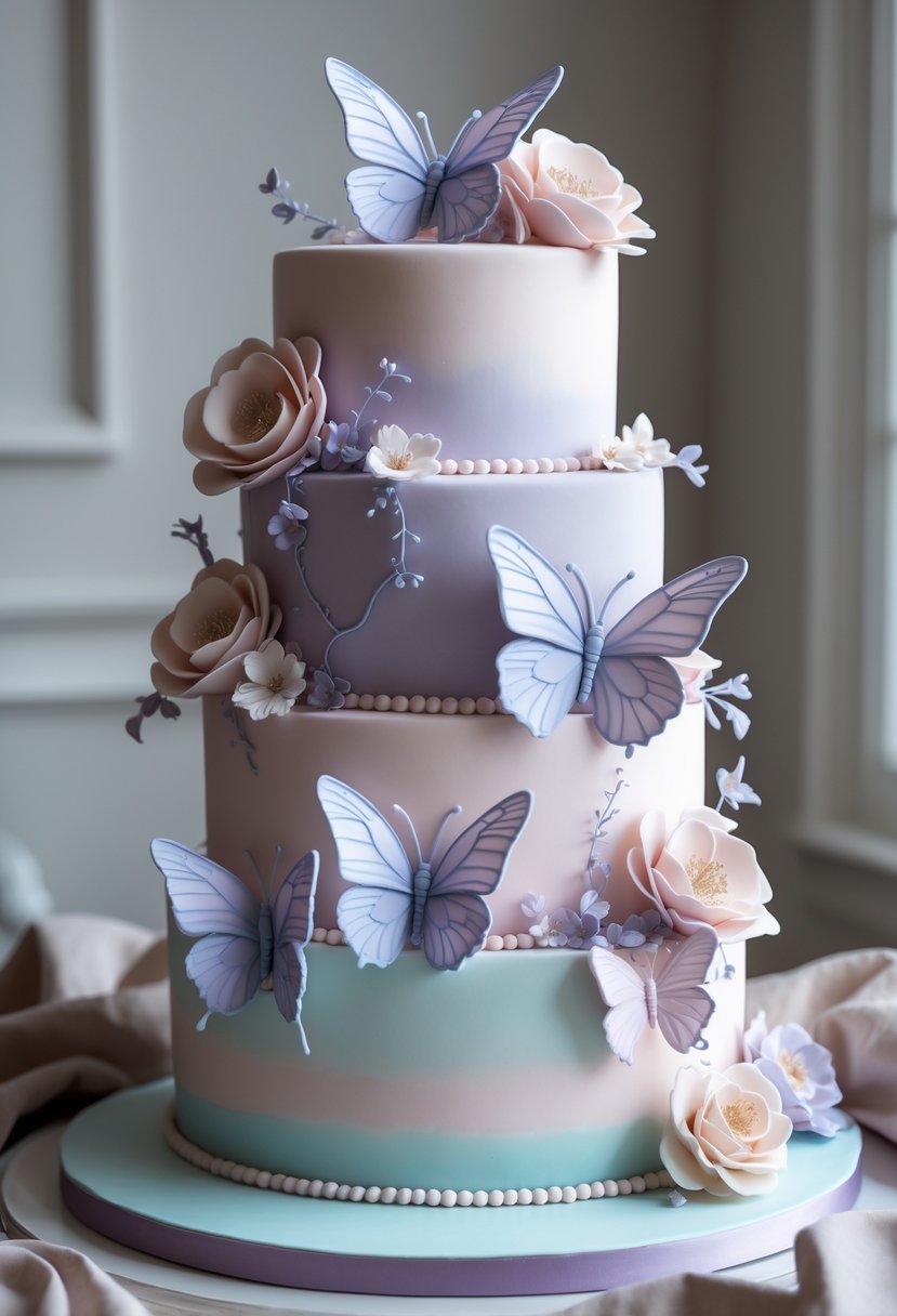 A multi-tiered birthday cake decorated with delicate sugar butterflies and flowers.
