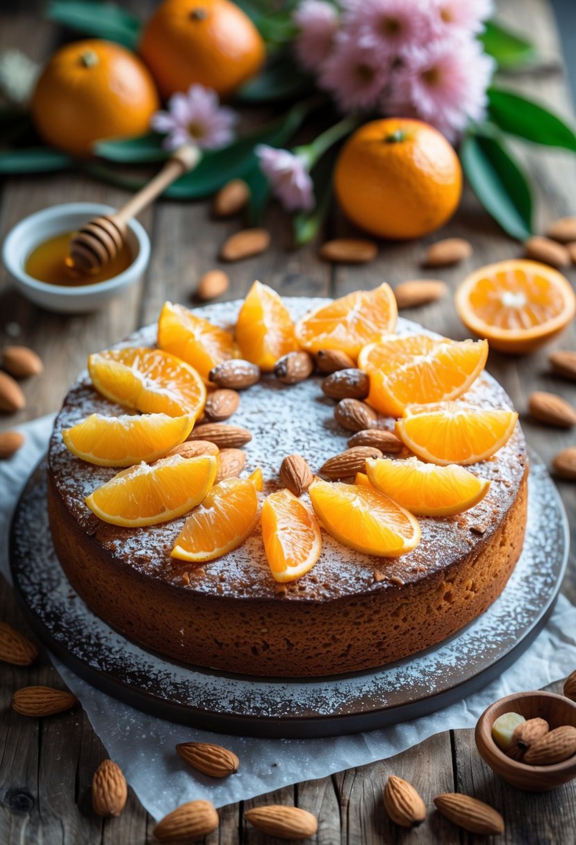 A round orange almond cake decorated with orange slices and almonds on a wooden table surrounded by fresh oranges and almonds.