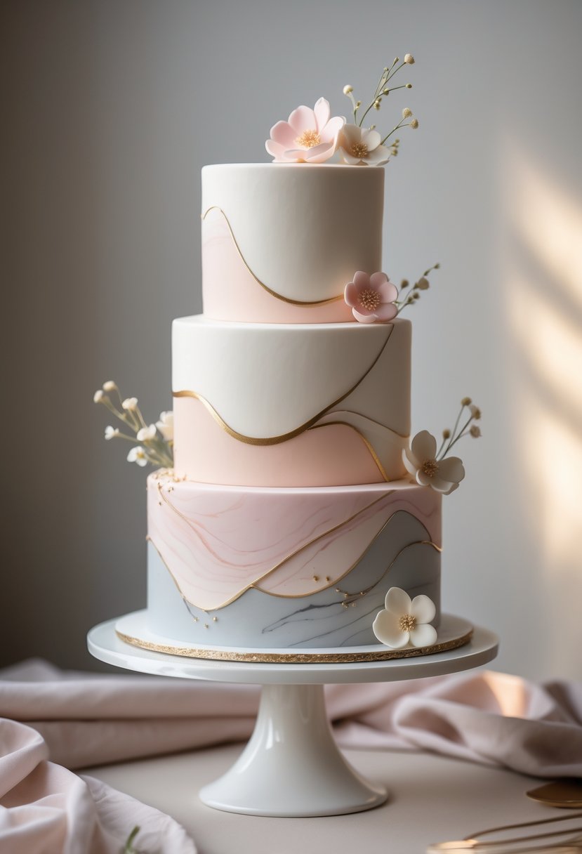 A multi-tiered fondant cake with a soft marble pattern and delicate floral decorations on a white stand.