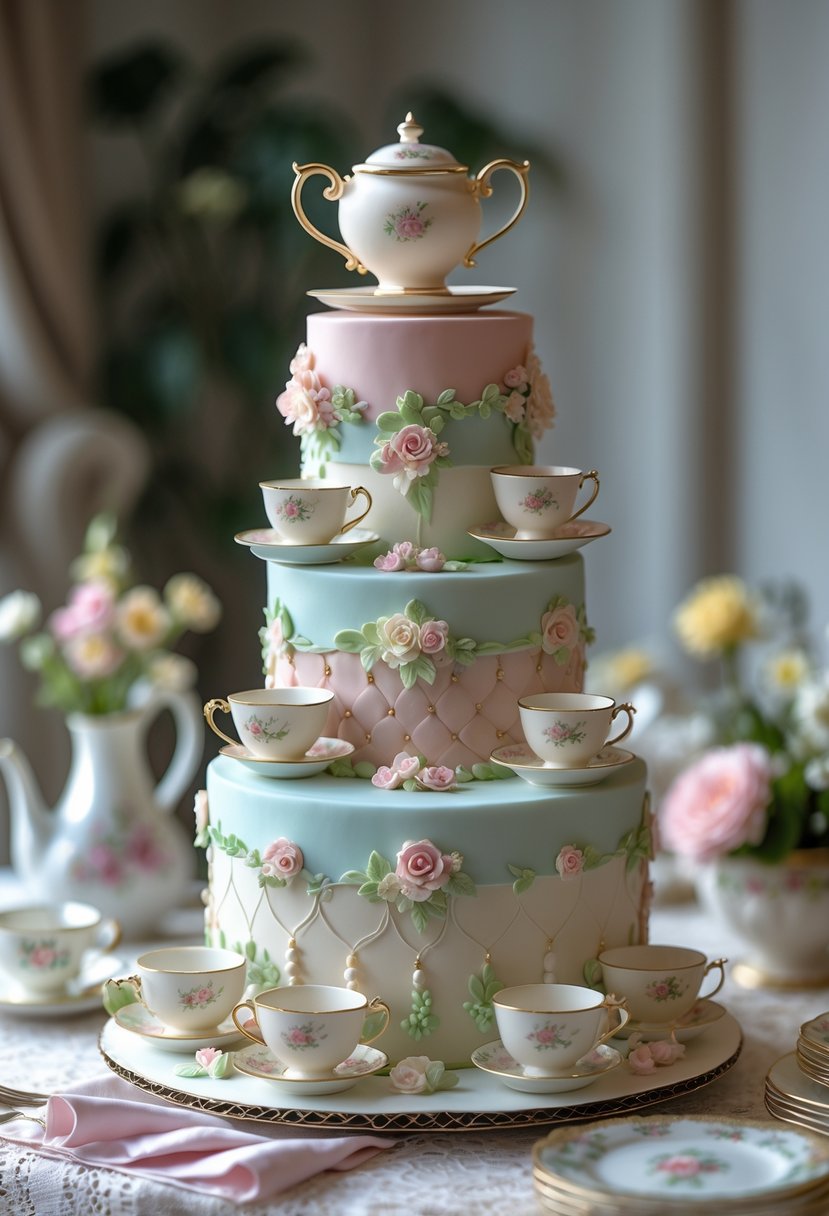 A multi-tiered birthday cake decorated with edible teacups and floral designs on a table set for a tea party.
