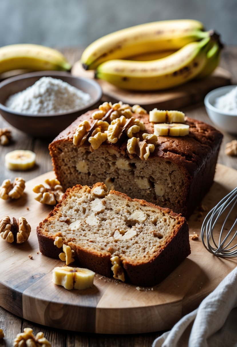 A sliced banana walnut cake on a wooden table with bananas and walnuts nearby.