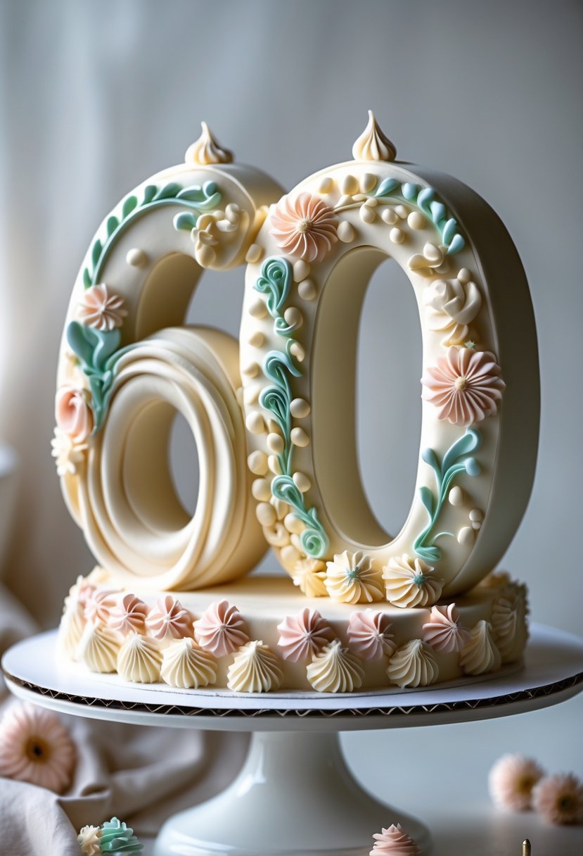 A beautifully decorated number 60 birthday cake with detailed piping on a white cake stand.