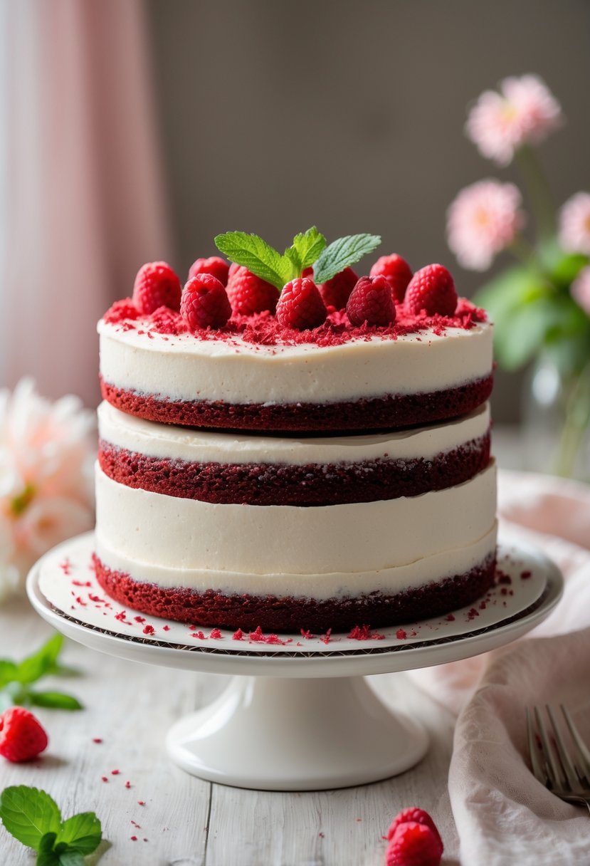 A red velvet cake with white frosting on a cake stand, garnished with raspberries and mint leaves on a wooden table with soft natural lighting.