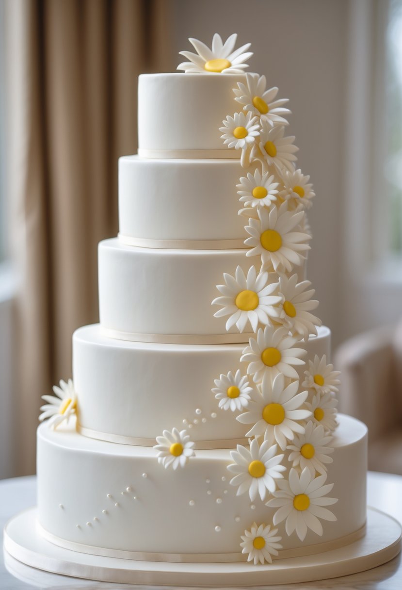 A pearl-white tiered cake decorated with sugar daisies on a neutral background.