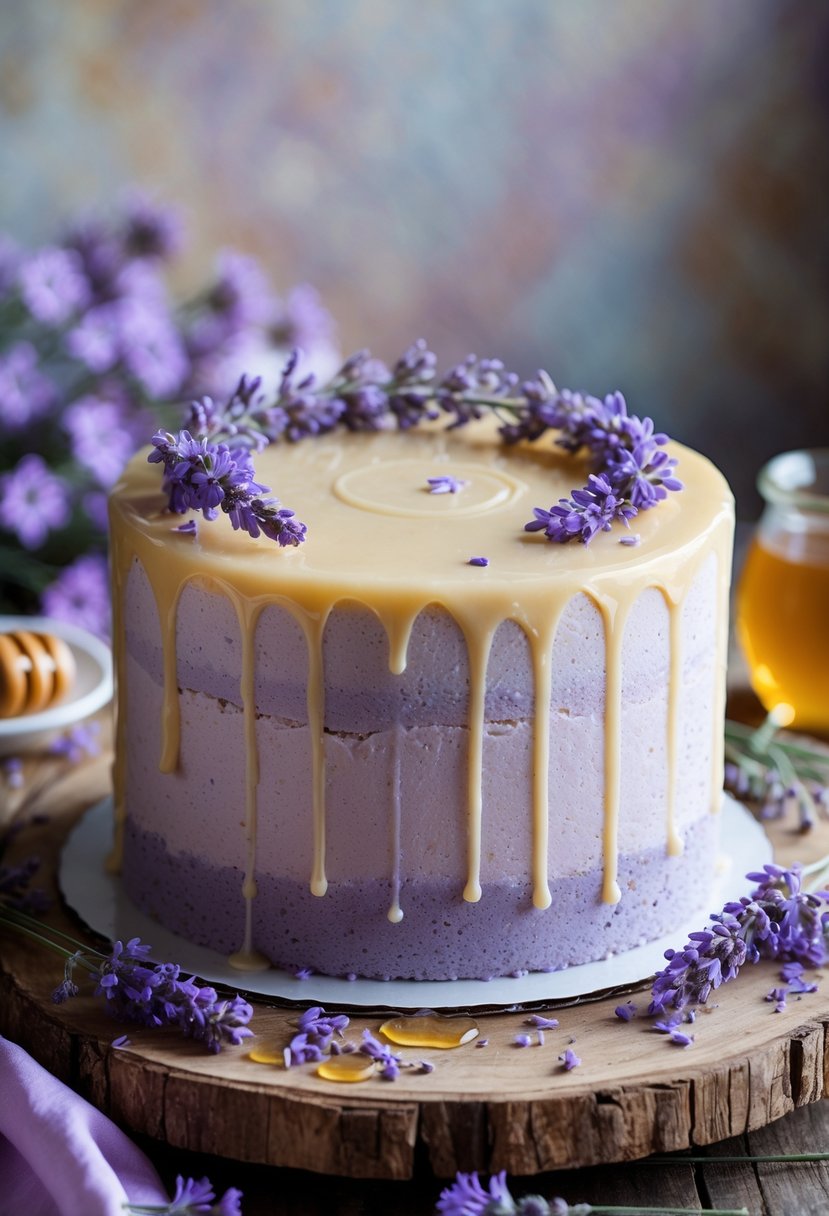 A honey lavender cake decorated with lavender sprigs and honey glaze on a wooden table with scattered lavender flowers and a jar of honey.