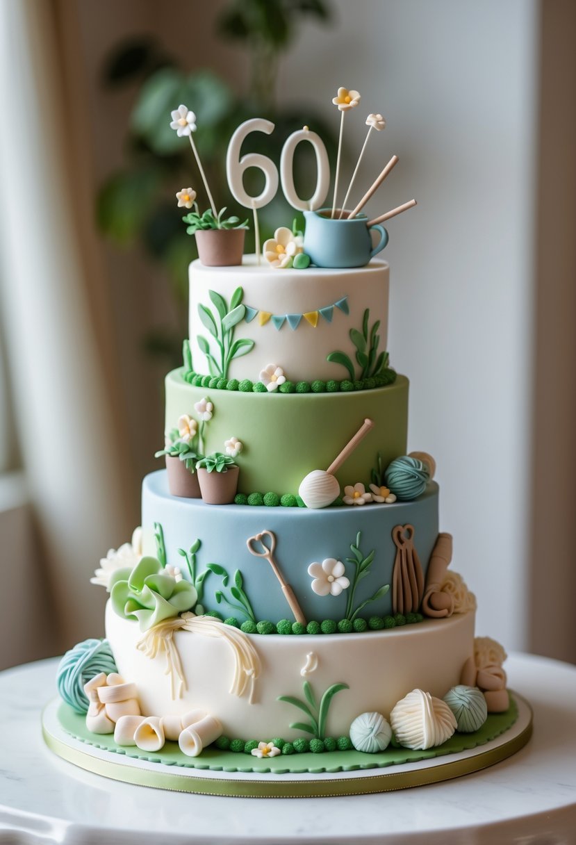 A decorated multi-tiered birthday cake featuring edible decorations that represent a woman's favorite hobby, displayed on a table with soft lighting.